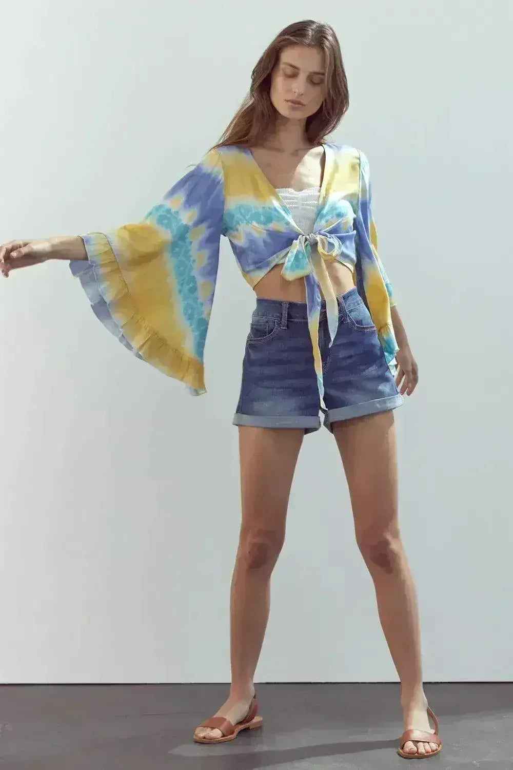 Bell-Sleeve Tie-Dye Crop Top – Flowy Sleeves & Stylish Design