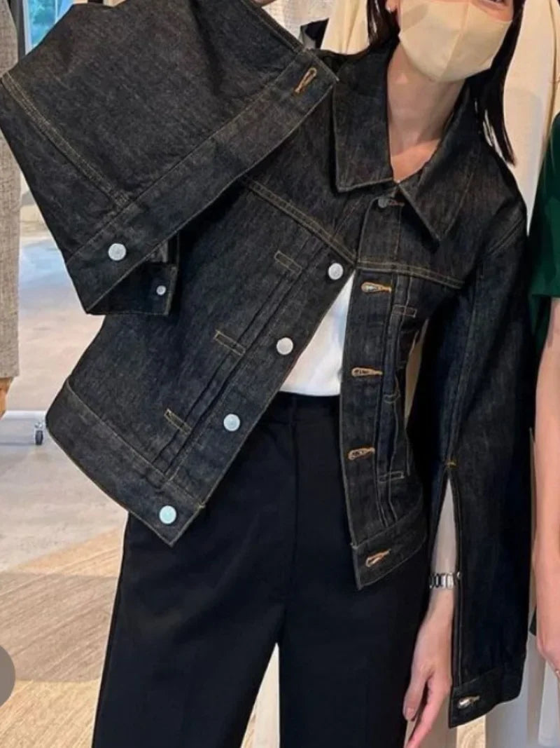 Spring New Vintage Casual Jeans Jacket Women Turn-down Collar Loose Sleeve Fashion Denim Coat Japanese All-match Outwears