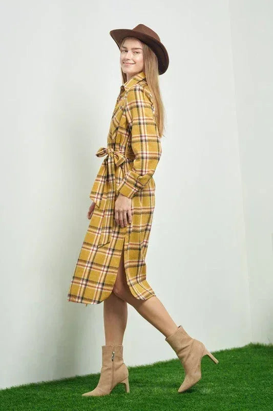 PLAID PRINT COLLAR LONG SHIRT DRESS