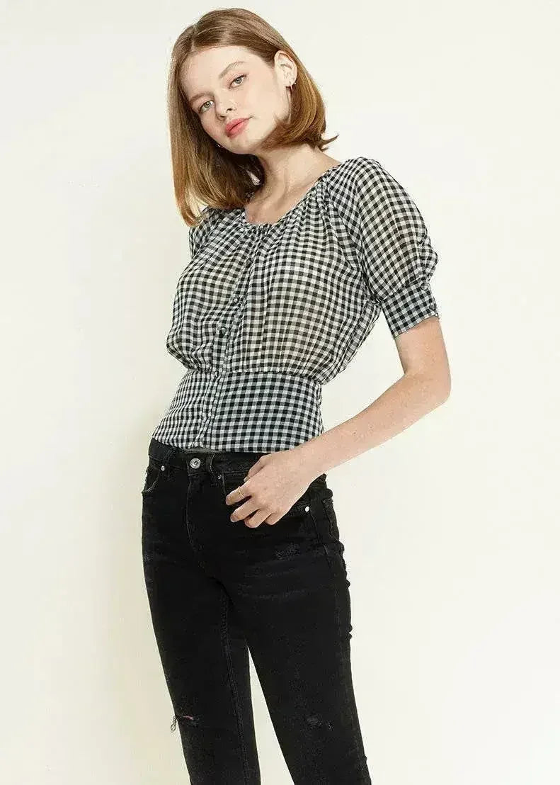 Button Down Peplum Cropped Blouse in Black | Femstylo
