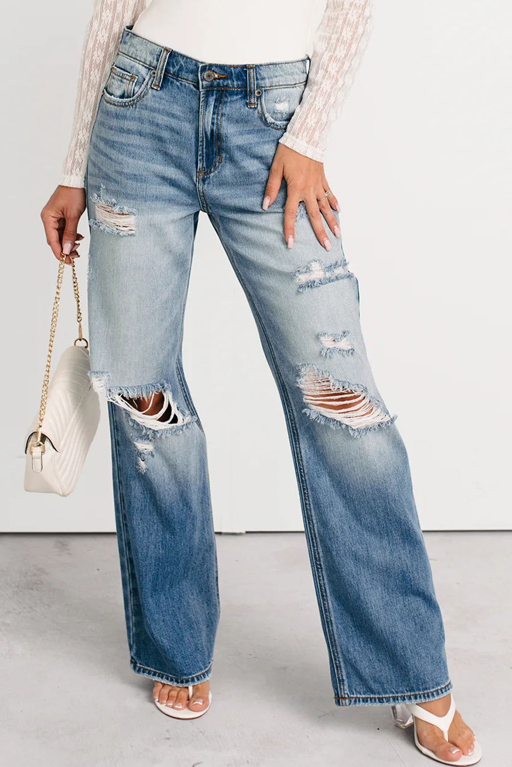 Myosotis Mid Rise Distressed Straight Leg Jeans