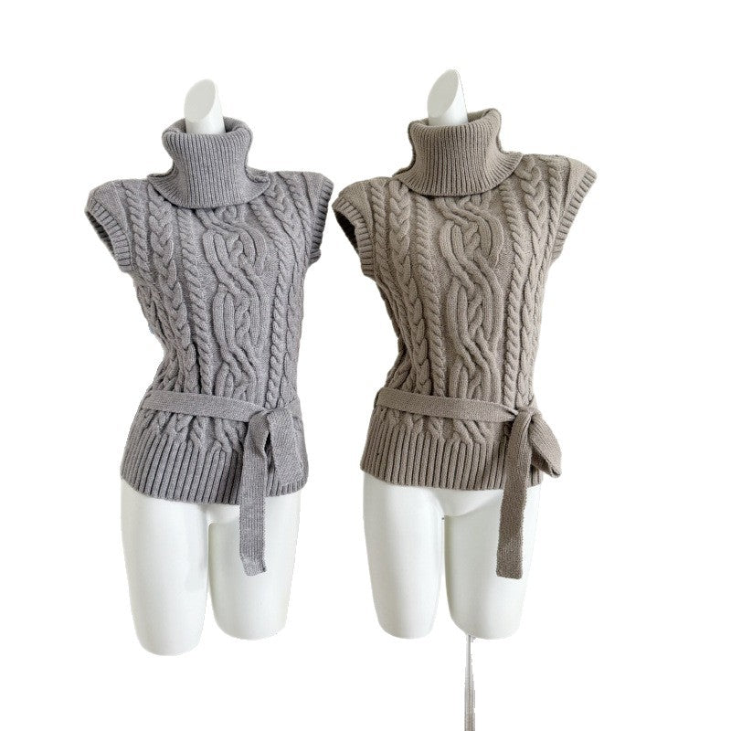 Thick needle knitting three-dimensional twist turtleneck small flying sleeve belt twisted sweater vest