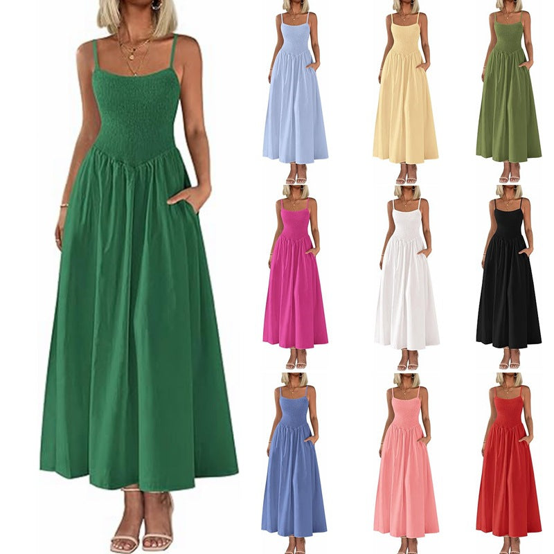Women's Dress, Thin Shoulder Strap Pleated Vest, Suspender Pocket Dress