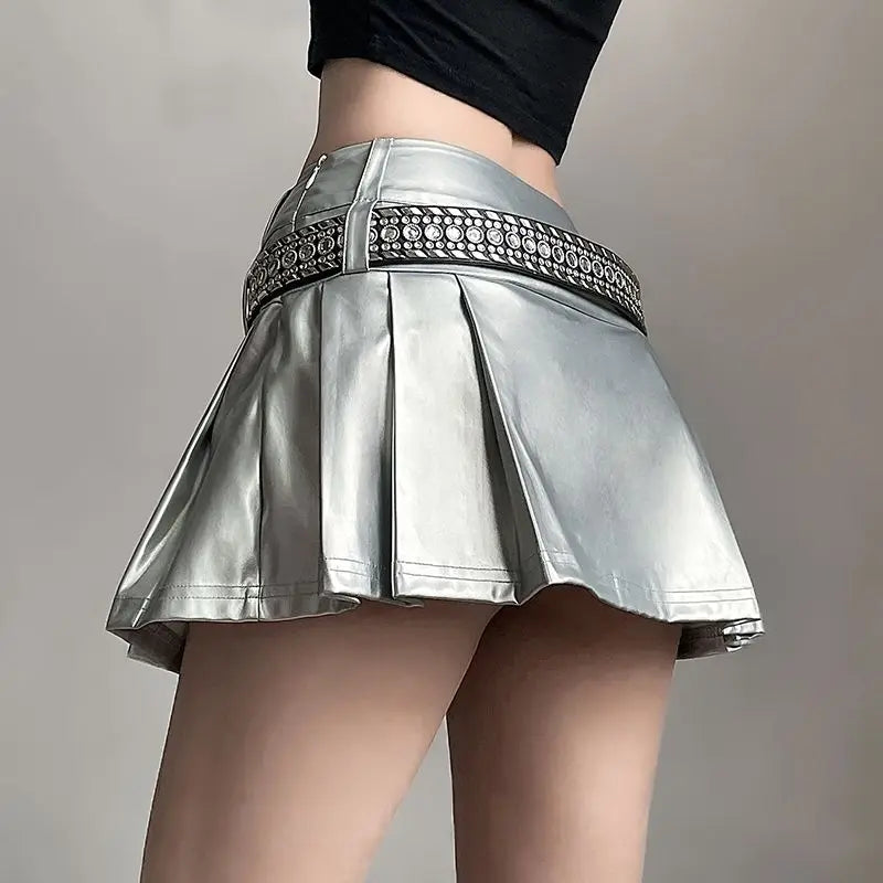 Hip-hop Pleated PU Leather Pleated Skirt