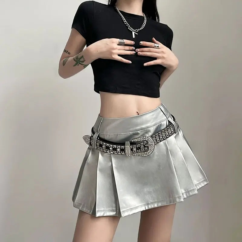 Hip-hop Pleated PU Leather Pleated Skirt