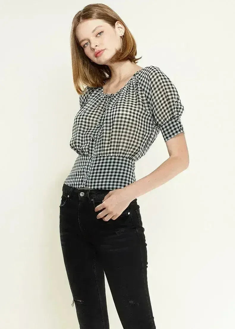 Button Down Peplum Cropped Blouse in Black | Femstylo