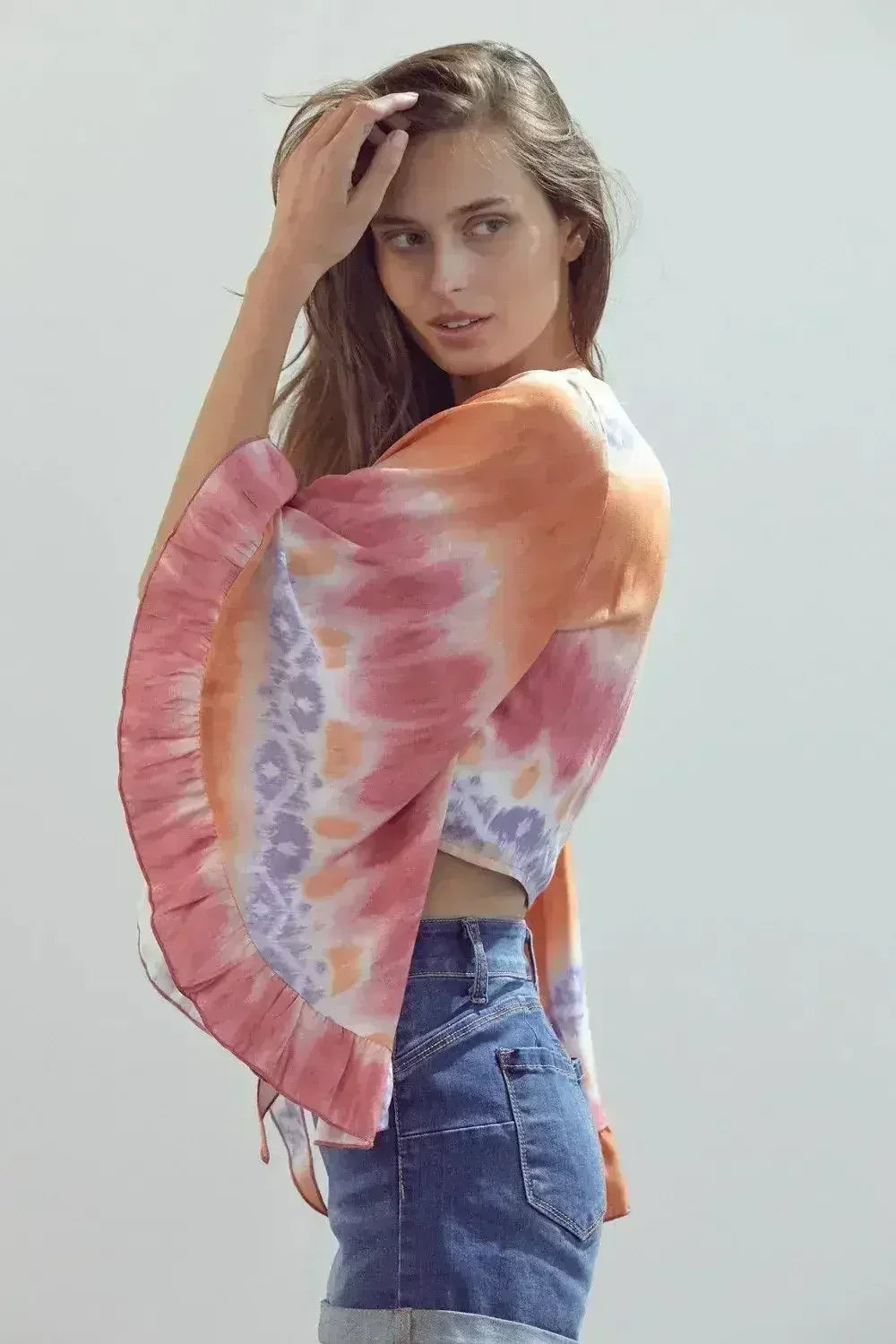 Bell-Sleeve Tie-Dye Crop Top – Flowy Sleeves & Stylish Design