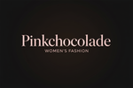 Fashion-forward logo for "Pinkchocolade" boutique in soft pink text on dark background. Clean, elegant typography - no flowers or decorative elements. Just sophisticated lettering in high-end fashion magazine style. Soft blush pink text against deep black or dark chocolate brown background. Modern, minimalist, chic. Text only logo with elegant font.
